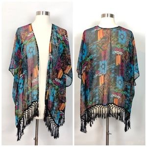 En Creme Sheer Fringe Hem Kimono